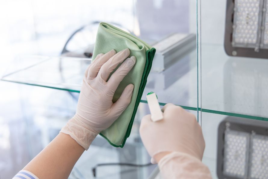 limpeza de vidros com liquido e pano microfibra