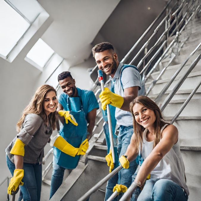 pessoas sorridentes colaboram em fazer limpeza de escadaria de prédio